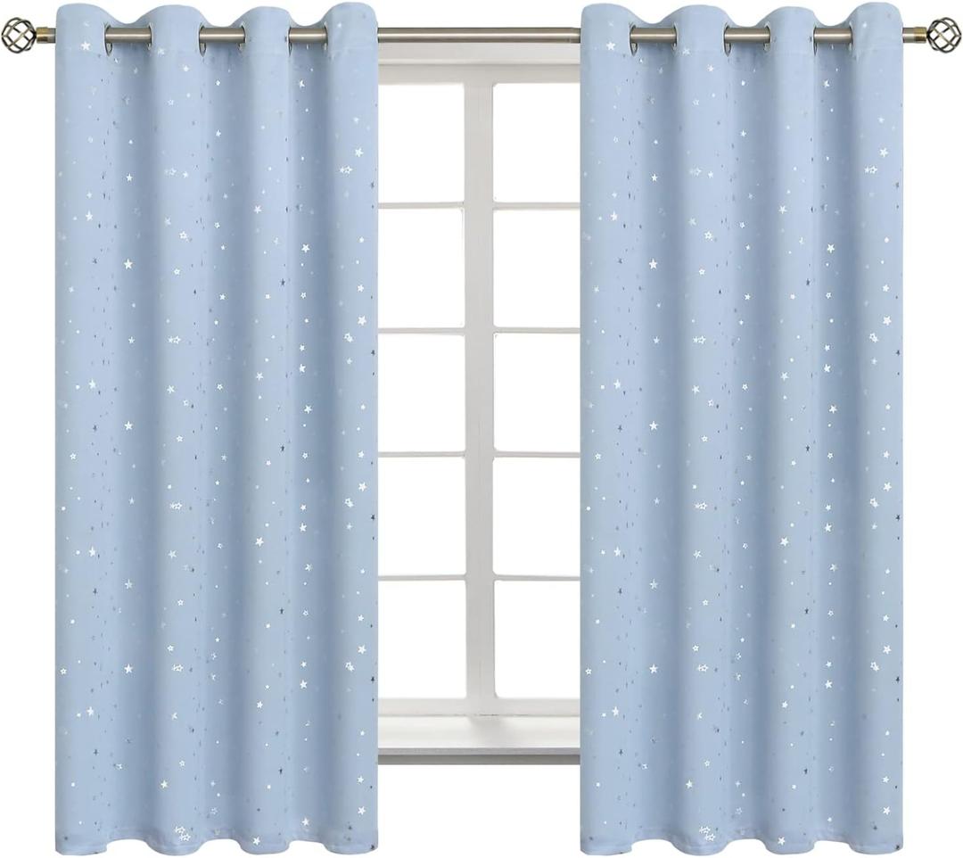 BGment Star Room Darkening Curtains for Kids Bedroom - Grommet Thermal Insulated Silver Star Print Kids Curtains for Living Room, Set of 2 Panels, Baby Blue, 52 x 63 Inch