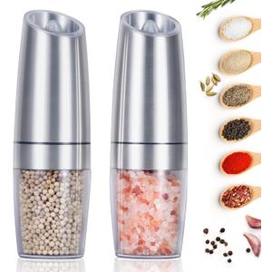 EasyCom Gravity Salt and Pepper Mill Set, Battery Powered with LED Light, Adjustable Coarseness, One Hand Automatic Pepper Mill for Kitchen and BBQ, 2 Pack, Silver (large, Sliver)