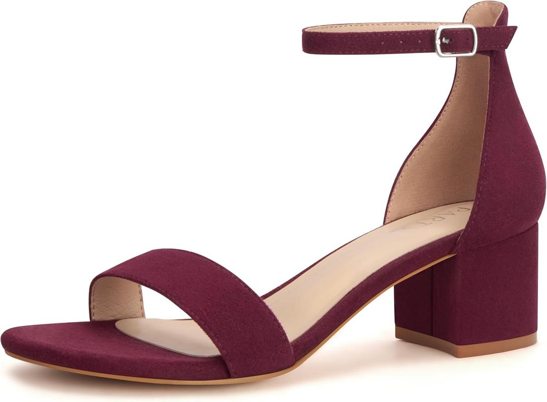 PARTY Women's Open Toe Ankle Strap Low Block Chunky Heels Sandals (7.5, Burgundy)
