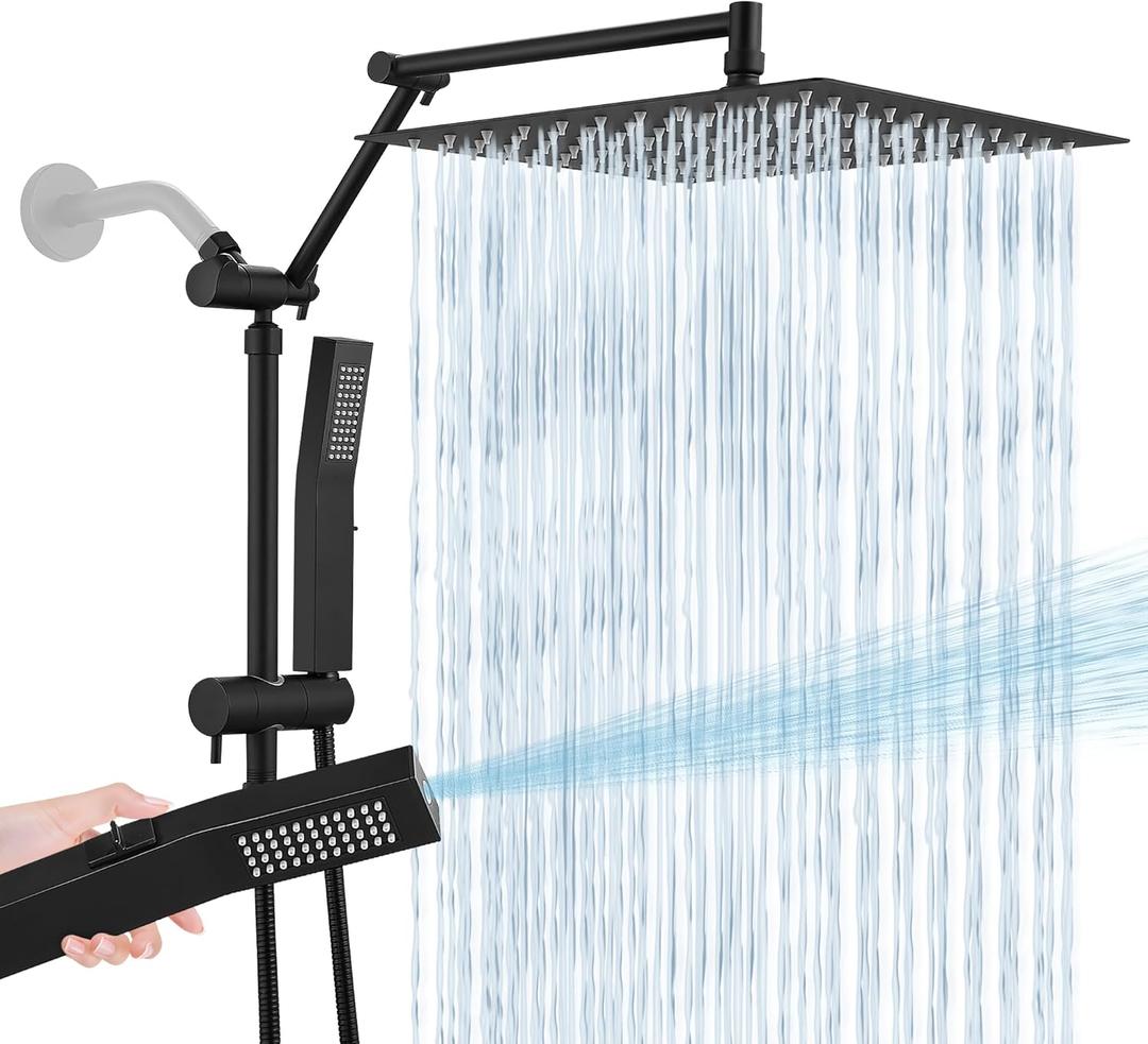 All Metal 12 Inch Rain Shower Head with Handheld Spray Combo, High Pressure Waterfall Rainfall Square Shower Heads with 16" Adjustable Extension Arm, Dual Showerhead with 3-Way Diverter, Matte Black