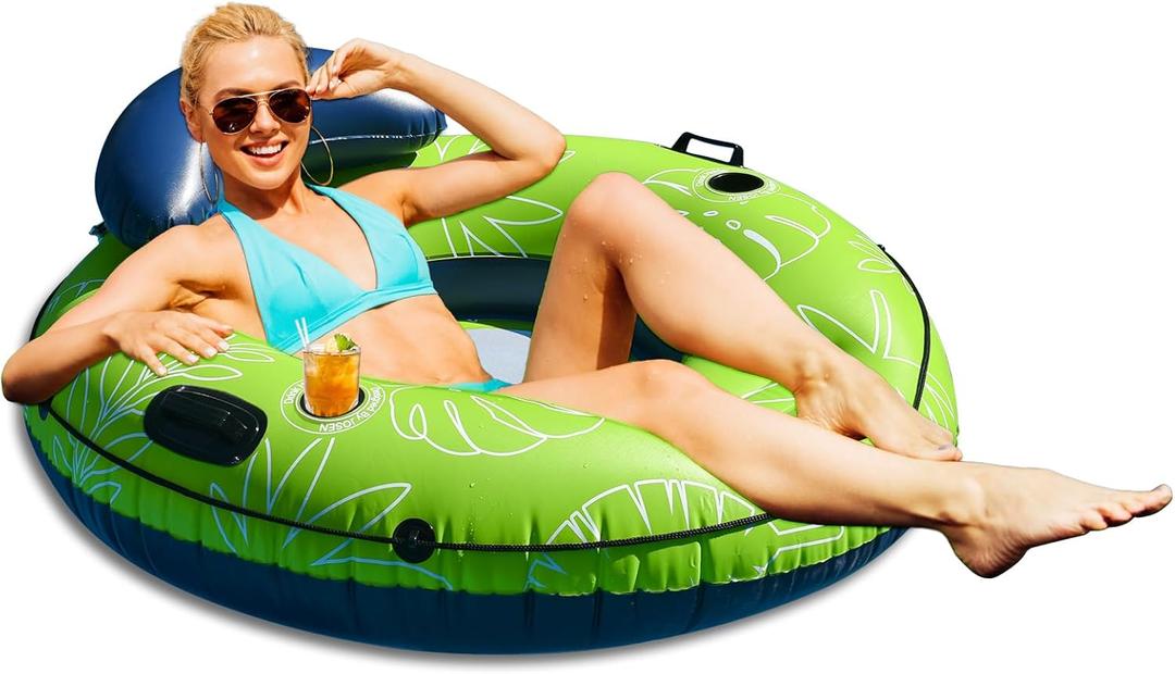 JOSEN River Floats for Adults Heavy Duty 350lb, XL River Tubes for Floating - 53" Large Pool Floats Adult with 2 Cup Holders, Inflatable Floating Tube, River Run Tube Lake Water Tubes (Green)