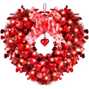 14'' Valentines Day Heart Wreath for Front Door with Bow and String Lights Red Wire Heart Shaped Wreath Perfect for Front Door, Wall, Window, Valentines Day Door Decor, Wedding Party Romantic Decor