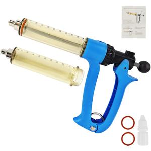 50ML Semi Automatic Livestock Syringe for Cow Goat Cattle Sheep Pig, 5 Gears Adjustable Continuous Repeating Injection, Veterinary Cattle Vaccine Luer Lock Syringe with 2 Tubes