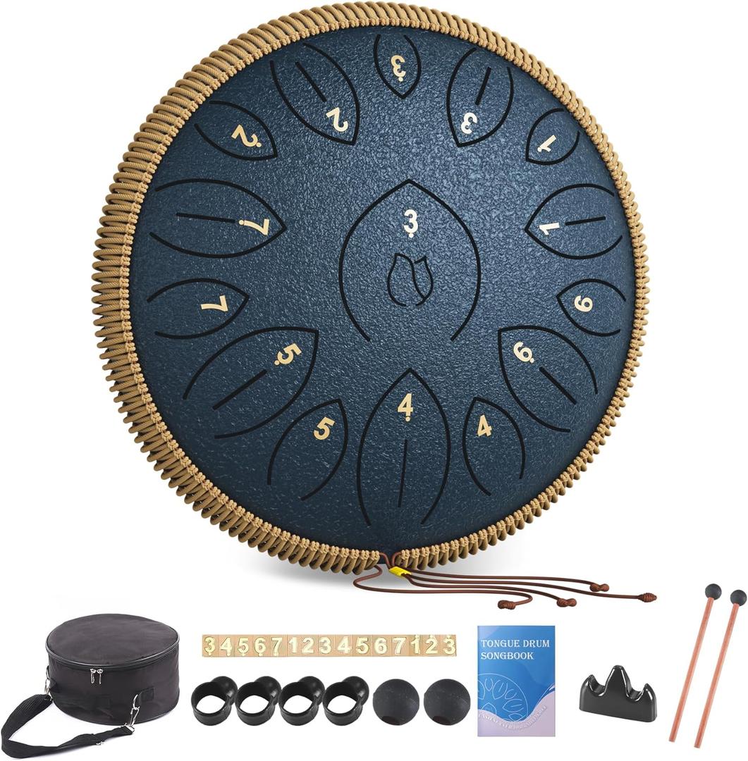 Steel Tongue Drum 12 Inch 15 Notes, Steel Drums Instruments for Kids Adults, Hand Pan Drum with Music Book, Drum Mallets and Carry Bag, Handpan C Major, Navy Blue