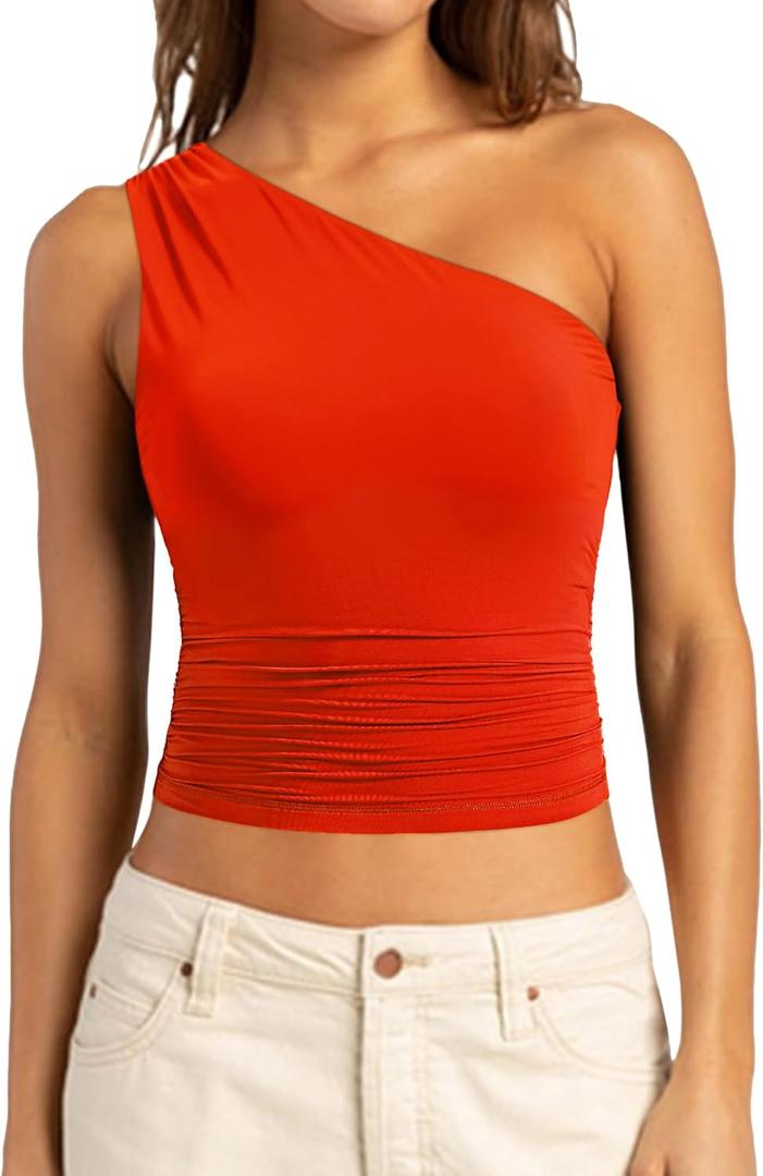 SUUKSESS Women Double Lined Going Out Trendy Crop Tops Ruched Sleeveless Shirts (Large, 09 Red)