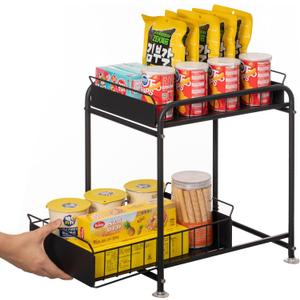 Basicwise Under Sink Organizer Sliding Wire Baskets Adjustable 2-Tier Metal Storage Rack for Bathroom Kitchen or Utility Cabinets Pull-Out Shelf for Toiletries Cleaning Supplies & Pantry Essentials