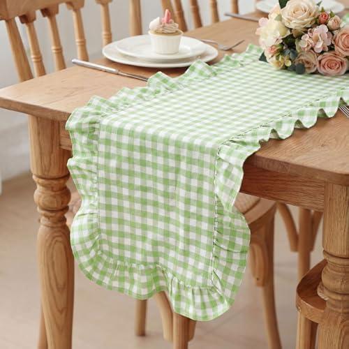 HunnmingRe 1 Pcs Light Green Plaid Gingham Ruffle Table Runner 118 x 13.8'' Farmhouse Table Runner 100% Cotton Scalloped Long Dresser Scarves for Dining Room, Wedding, Kitchen Rustic Home Decor