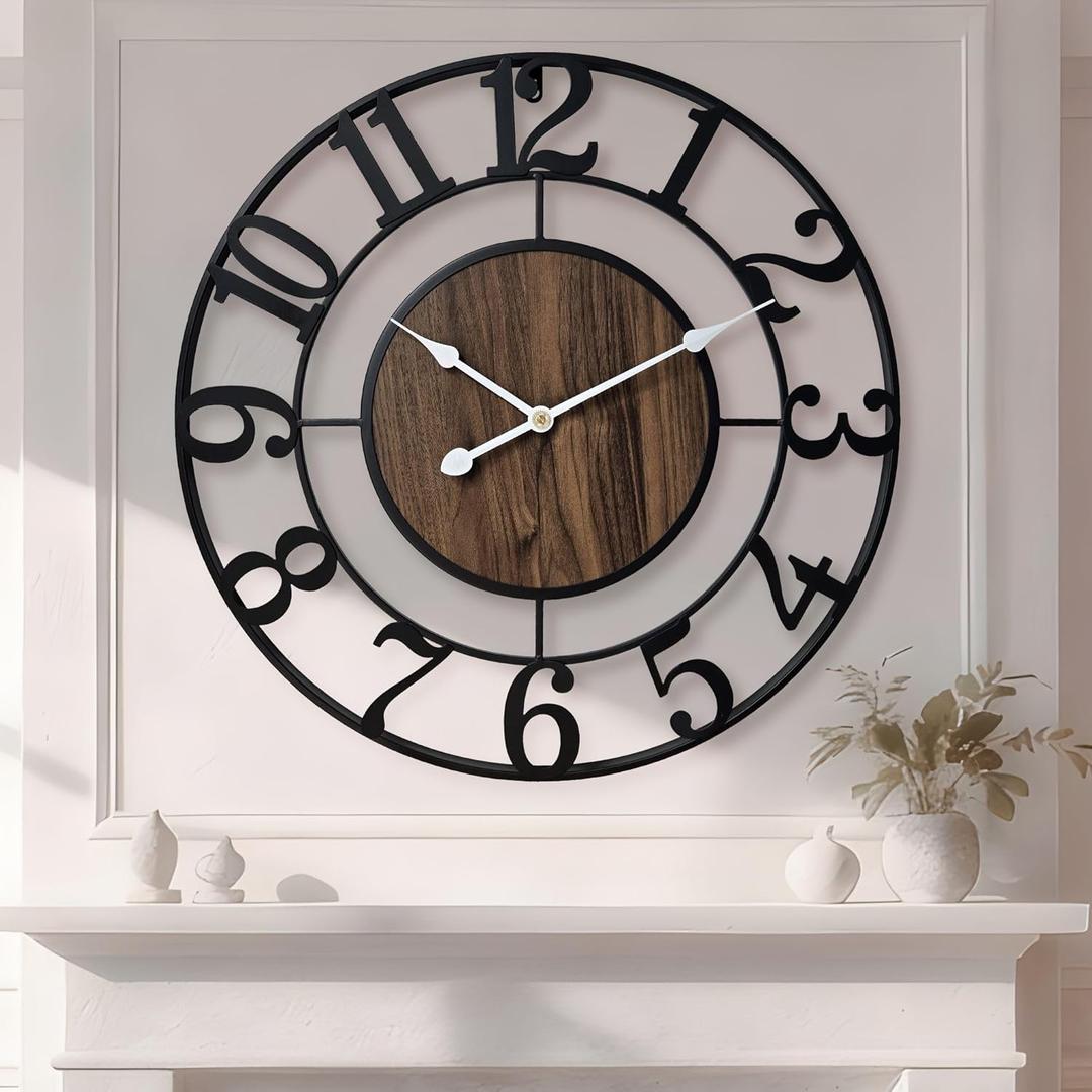 Large Metal Wall Clock, 30 Inch Retro Decorative Silent, Non Ticking, Battery Operated Modern Big Wood Wall Clock for Living Room, Farmhouse, Bedroom, Fireplace, Kitchen, Office, Home Decor (Black Arabic)