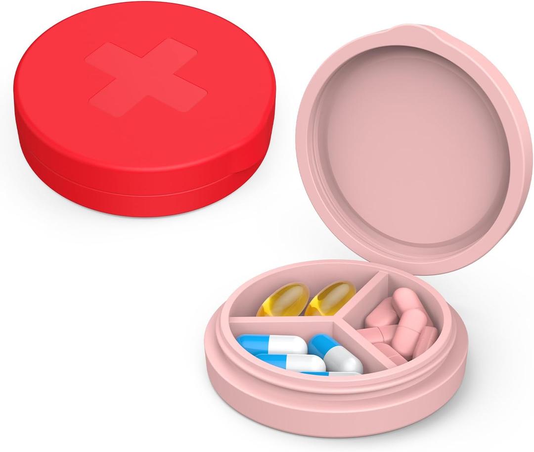 5 x 2 Pack Small Pill Box,Premium Thick Silicone 3 Compartment Travel Pill Box for Home/Desk Organizer, Portable Compact Medicine Holder for Vitamin, Cod Liver Oil, Supplement(Red+Pink)