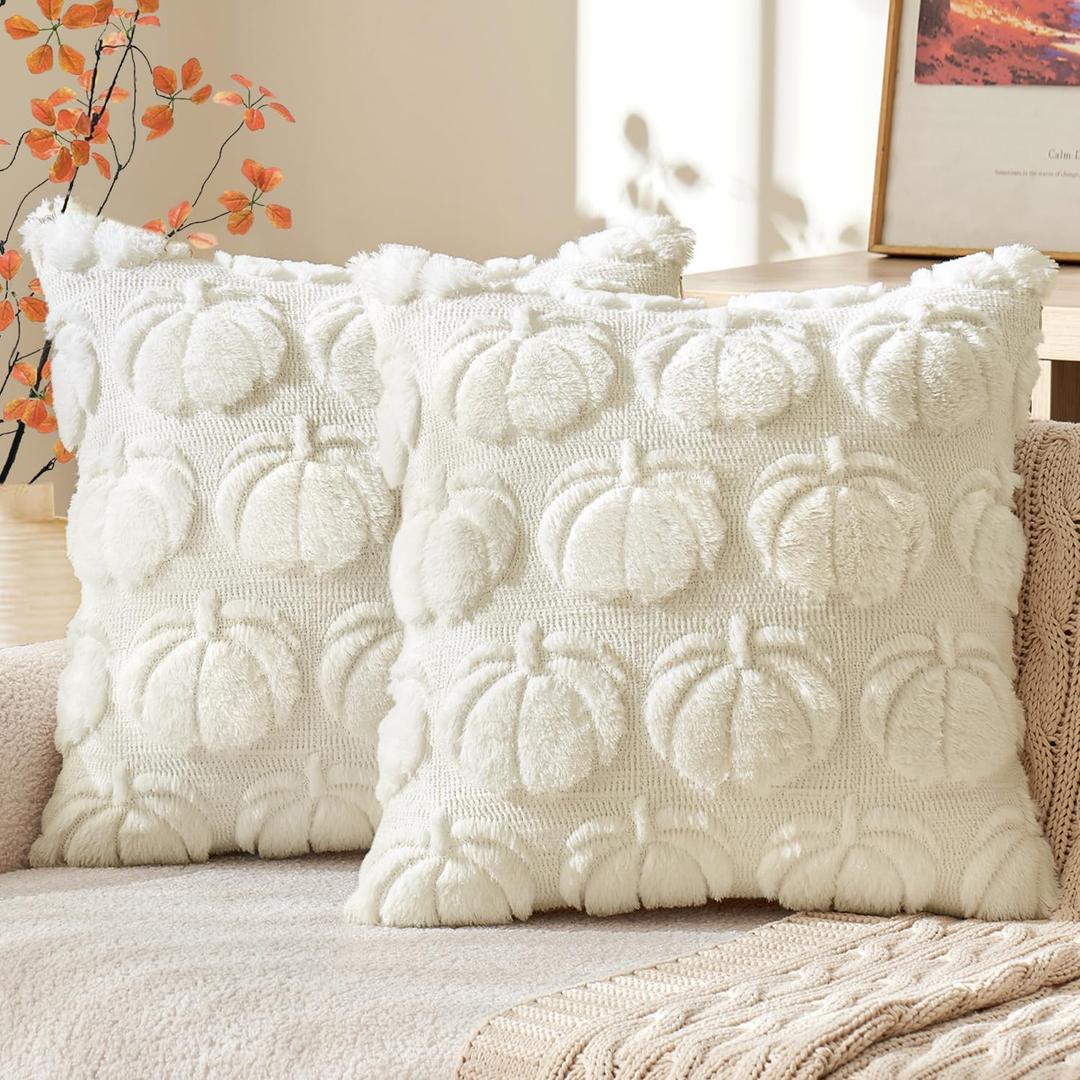 MIULEE Fall Throw Pillow Covers 16x16 Set of 2 Autumn Decorations Cream White Pumpkin Accent Pillowcase for Outdoor Porch Sofa Couch Bed Living Room Plush Faux Fur Halloween Farmhouse Home Decor