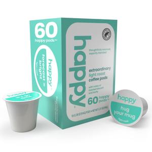 happy coffee light roast coffee pods, 60 count, notes of toasted biscotti and levity, compatible with most K-cup brewers, rainforest alliance certified (EXP 05/08/26)