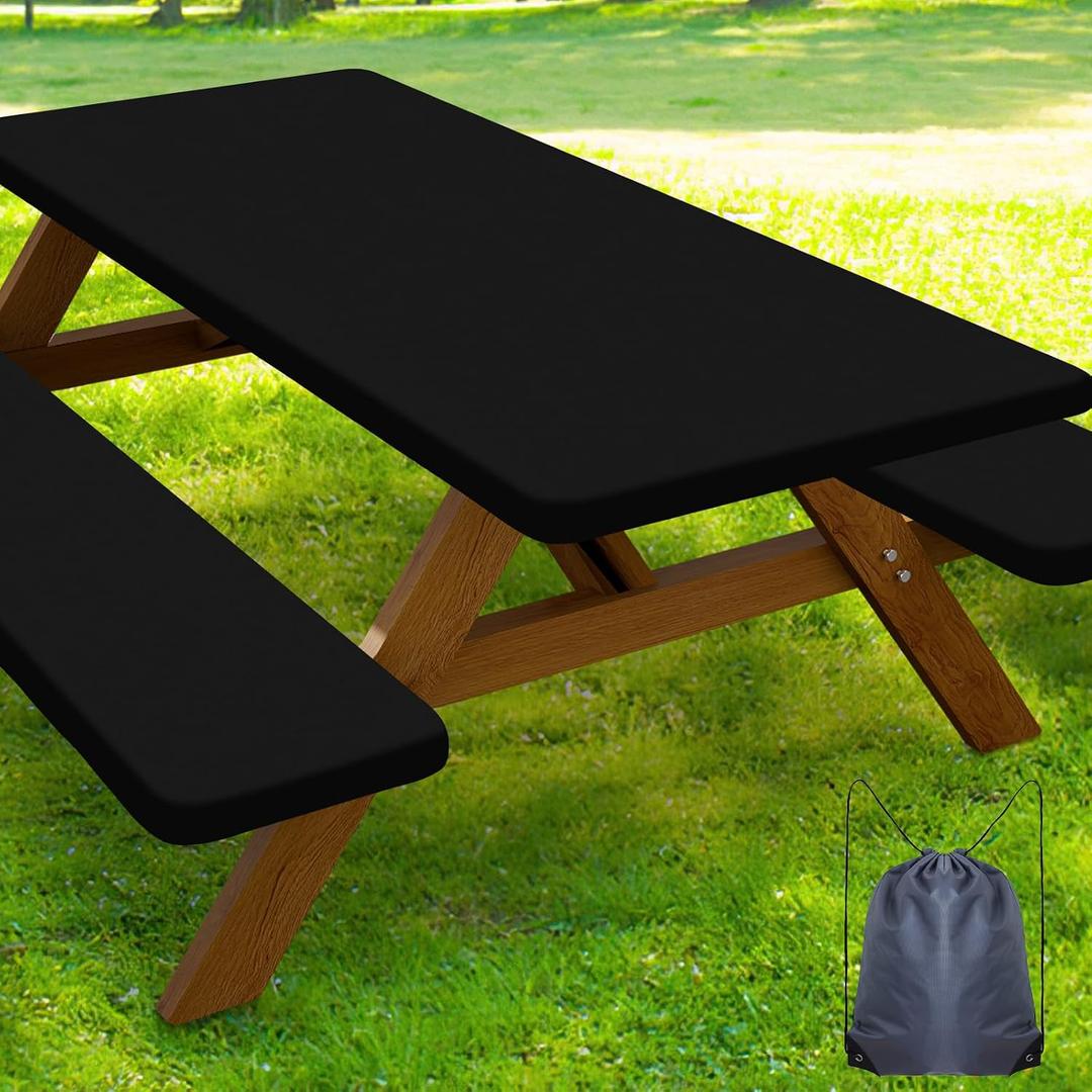 Smiry Picnic Table Cover with Bench Covers, Waterproof Elastic Fitted Polyester Tablecloths for 8 Ft Rectangle Tables, Washable Windproof Tablecloth for Camping, RV & Outdoor (Black, 30x96 Inches)