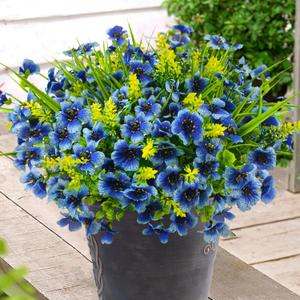 8 Bundles Artificial Flowers Outdoor Silk Fake Plants UV Resistant Faux Plastic Greenery Shrubs for Home Outside Garden Front Porch Window Box Pot Planters Decor (Blue+Yellow)