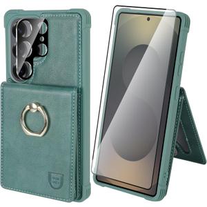 VANAVAGY Wallet Case Compatible for Galaxy S25 Ultra for Women Men, Faux Leather Magnetic Clasp Flip Phone Case with Card Holder Ring Holder Coin Pocket for S25 Ultra 6.9inch, Forest Green