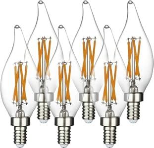 6 Pack E12 Led Light Bulbs, 40 Watt Equivalent 4W, CA10 2700K Warm White 400LM Dimmable Chandelier Bulbs, High Brightness Candelabra Bulbs, CA11 Clear Flame Tip Light Bulbs for Chandelier