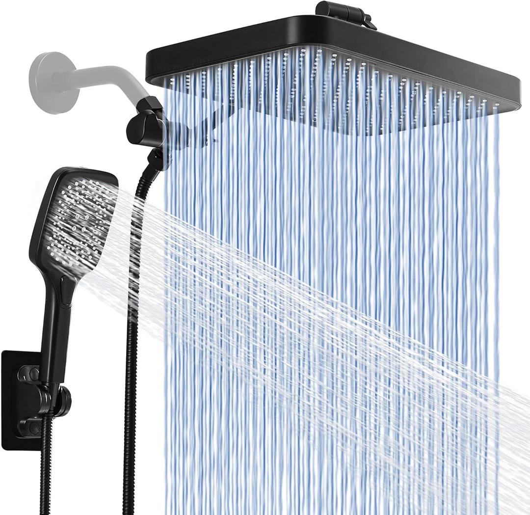 Rain Shower Head with Handheld Spray Combo Set Built-in Power Wash Mode, High Pressure Adjustable 13" Rainfall Dual Shower Head, Double Tandem Shower Head, Waterfall Showerhead Bathroom - Matte Black