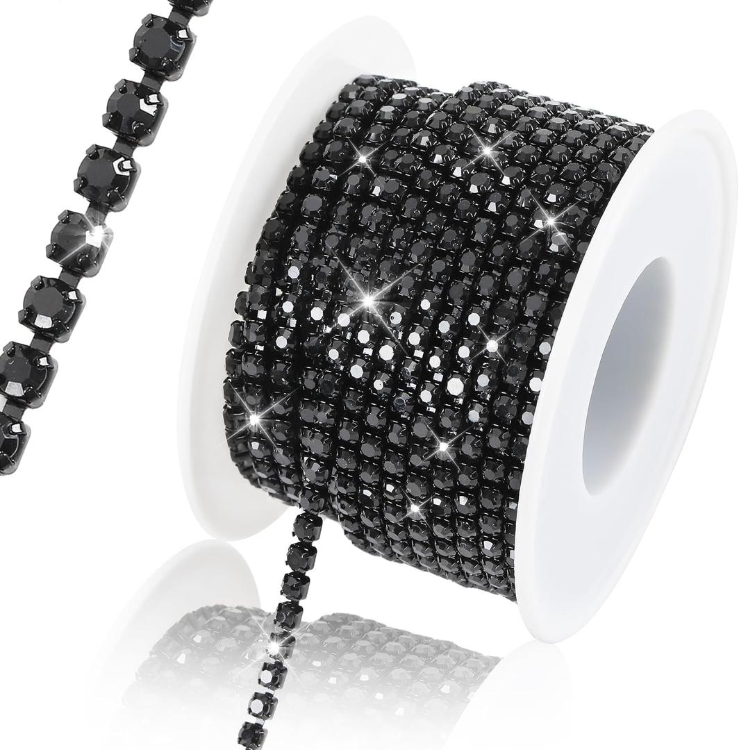 10 Yards 3 MM Rhinestone Chain Trim Crystal Rhinestone Close Chain Trim for Sewing Crafts, DIY Decoration, Jewelry, Clothing, Shoes (Black)
