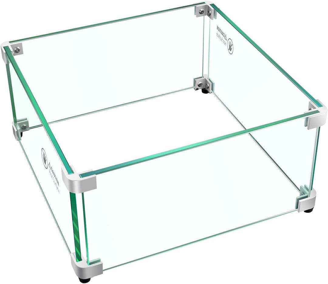 Fire Pit Wind Guard: 15" x 15" x 7" Square Glass Wind Guard for Outdoor Propane/Natural Gas Fire Pit Table, Clear Tempered Glass and Hard Aluminum Corner Brackets, Easy Assembly