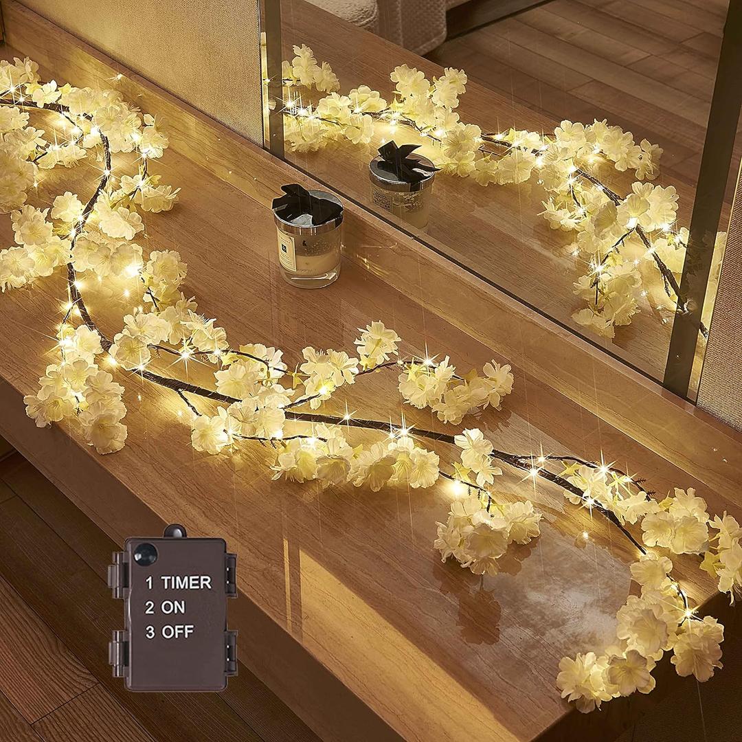 Hairui Cherry Blossom 96 LED Fairy Lights 6FT Garland, White, Battery Operated with Timer for Indoor/Outdoor Decor