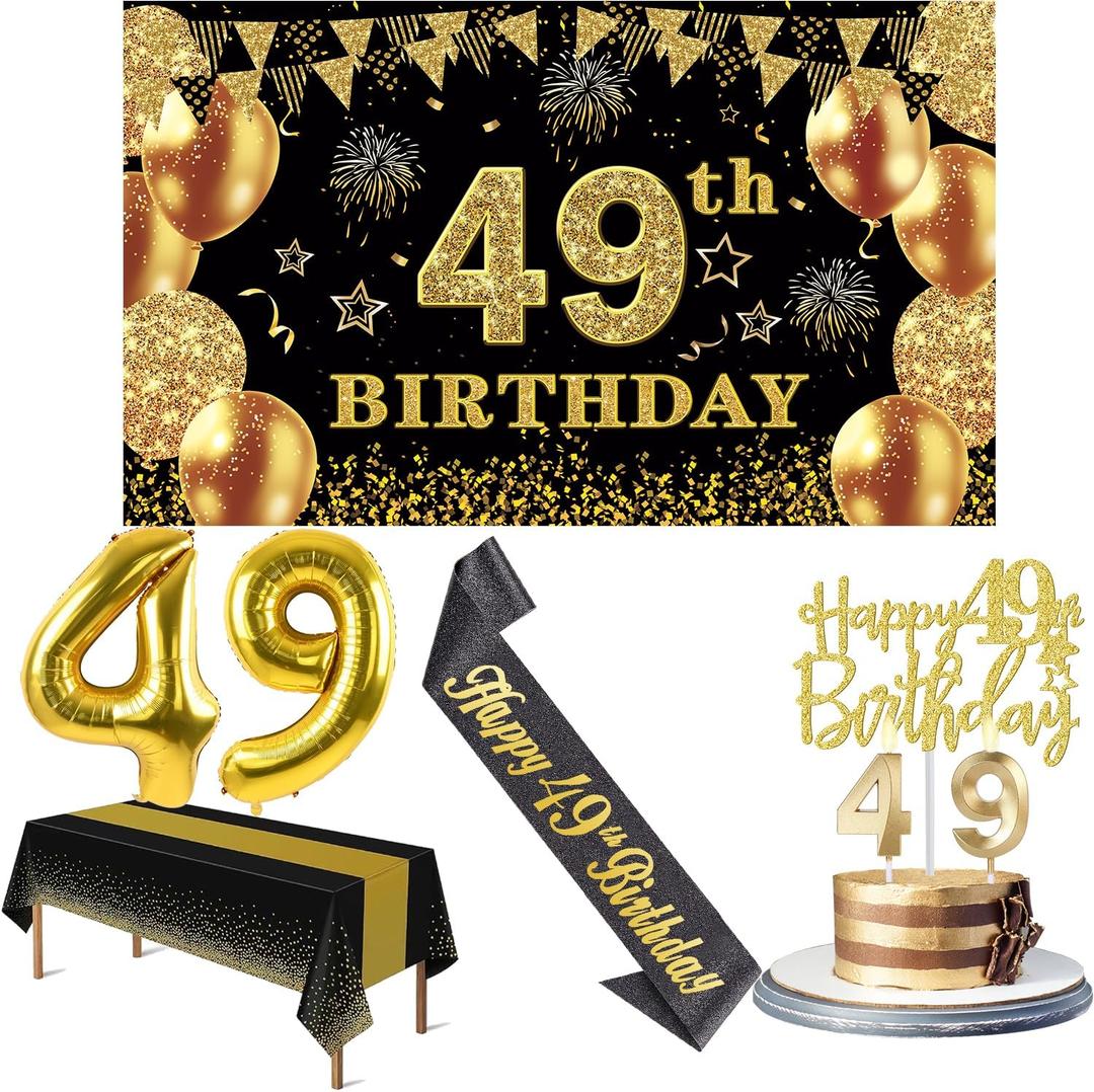 49th Birthday Decorations Men Women with 49th Birthday Banner, Black and Gold Table Cloth, Number Balloons, Large Sash, Cake Topper and Candles
