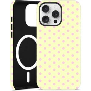 Jusy Magnetic Polka Dot Case for iPhone 15 Pro Max,Yellow Pink | Compatible with MagSafe, Cute Aesthetic Polka Dots Design, TPU and PC Protective Shockproof Cover