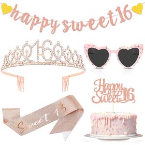 JaGely 5 Pcs Rose Gold Sweet 16 Birthday Decorations Include Sweet 16 Crown Tiara and Sash, Heart Sunglasses, Glitter Happy Banner and Cake Topper for 16th Birthday Party Accessories Supplies
