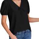 LYANER Women's Ruched Puff Sleeve V Neck Tie Knot Loose Fit Dressy Casual Blouse Shirt Top (Black, M)