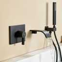 Wall Mount Tub Faucet with Waterfall Tub Spout Wall Mounted Bathtub Faucet with Handheld Shower Single Handle Tub Filler Shower Faucet Set with Rough-in valve Straight Spout Matte Black
