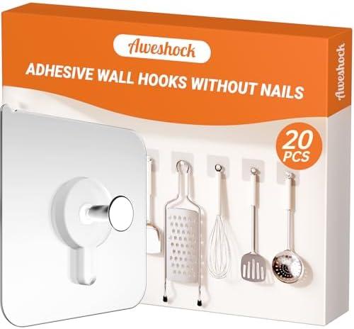 20 Pack Adhesive Wall Hooks, 13 lbs Max Load Picture Hangers Without Nials, Waterproof Oilproof No Damage Hooks for Bathroom Towels, Kitchen, Shower & Home Organization