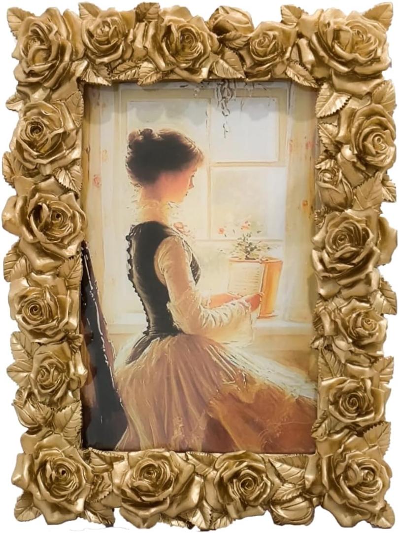 1PCS 3.9x5.8 Vintage Gold Picture Frame Rose Flower Leaf Glass Front Resin Photo Frame for Tabletop Wall Hanging Display (Golden)