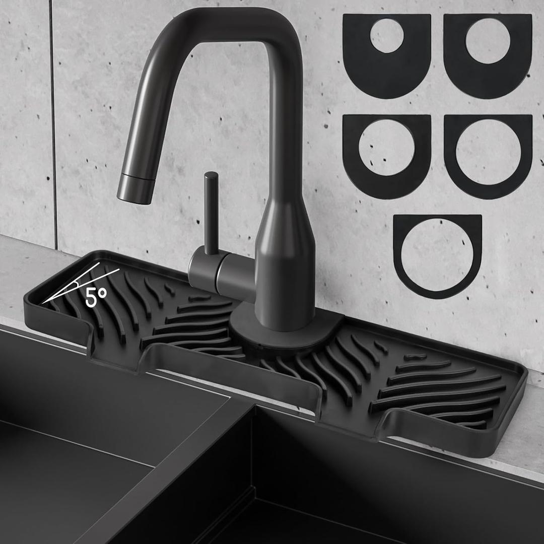 Silicone Faucet Splash Guard - 5Slope Kitchen Sink Splash Guard, 14.6x5.2x0.8 Inch Faucet Mat for Kitchen Sink with 5 Sizes of Rubber Rings, Silicone Sink Mat for Kitchen Bathroom(Black)