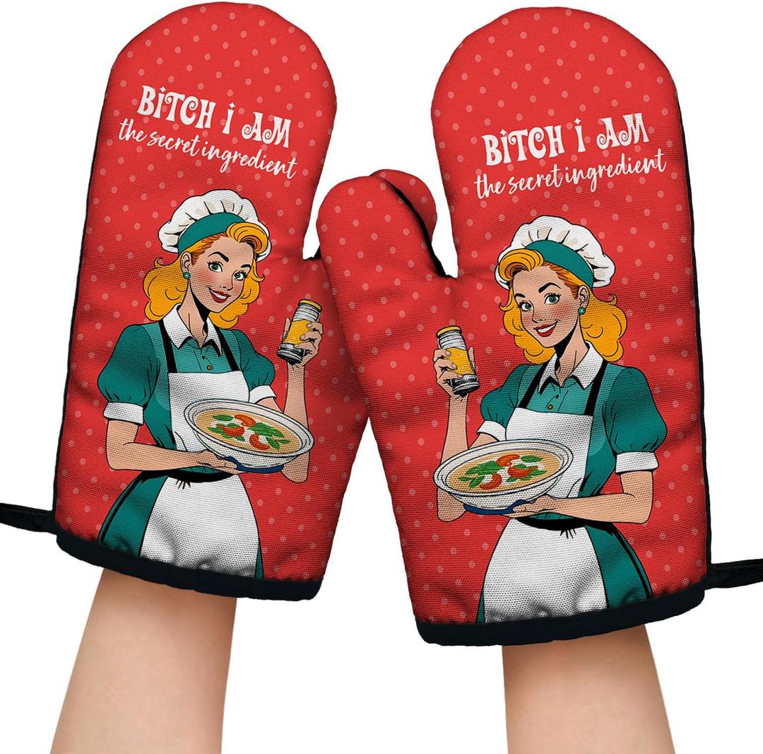 2 x Bixxh I Am The Secret Ingredient Funny Oven Mitts with Hanging Loop and Silicone Non-Slip, Hostess Baking Cooking Kitchen Utensils 2-Piece Set, Gifts for Women Bake Lover, Housewarming Gifts