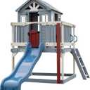 Backyard Discovery Beacon Heights Elevated Cedar Wooden Kids Playhouse with Wave Slide, Play Kitchen, Wrap-Around Deck, Flat-Step Ladder, Half Door, Windows, Bell, and Growth Chart for Outdoor Play (Blue)