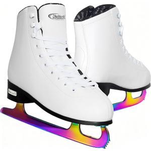 Nattork Figure Skates for Boys and Girls Excellence Stainless Steel Blades Ice Figure Skating with Enhanced Support Strength Performance and Ultimate Comfort (Women's 7 / Men's 6, White(Color Plated Blades))