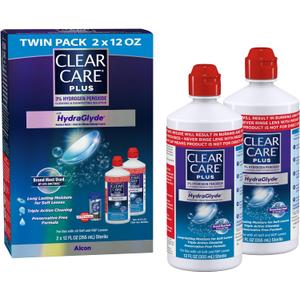 CLEAR CARE PLUS Cleaning & Disinfecting Contact Lens Solution (12 oz, Pack of 2), HydraGlyde Moisture Matrix, For Soft & RGP Lenses, Preservative-Free, Included Lens Case, Deep Cleaning Action
