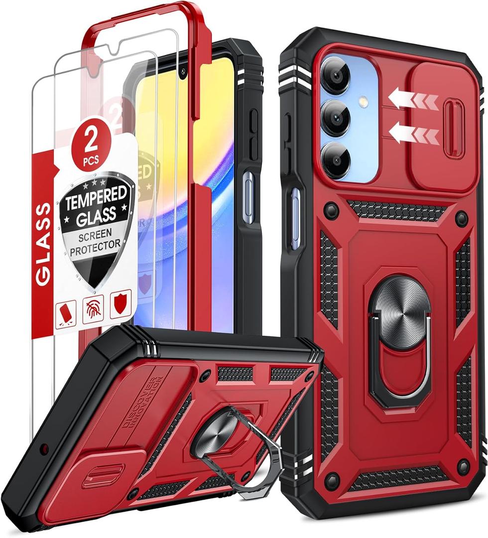 LeYi Compatible for Samsung Galaxy A15 5G Case: A15 Screen Protector with A15 5G Telephone Case, Metal Stand Heavy Duty Shockproof para Mobile Smart Cell Phone Cover Galaxy A15 5G, Red+Black