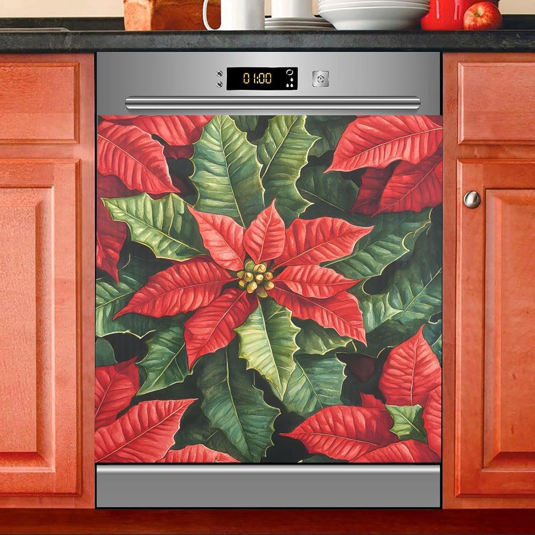 Red Poinsettia Flowers Christmas Lights Dishwasher Magnet Cover Sticker Magnetic Refrigerator Panel Front Door Fridge Microwave Decal Decorative