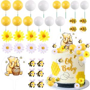 MEMOVAN Winnie Bear Cake Topper Winnie Baby Shower Cake Decorations Pooh Bear Toppers Yellow White Balls Cupcake Picks with Classic Pooh Bees Daisys Flowers for Oh Baby Bee Theme Shower Birthday Party