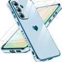 LeYi for Samsung Galaxy S25-FE Case: [ ] Tempered Glass Screen Protector [2 Pcs]+ Full Camera Lens Protection,Love Heart Plating Luxury Shockproof for S25FE,Sierra Blue