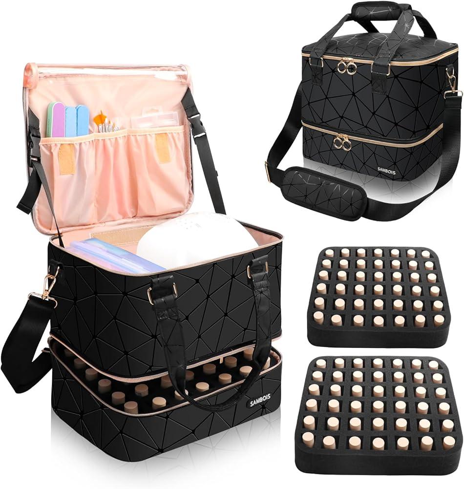 Nail Polish Organizer Holds 80 Bottles (15ml/0.5 fl.oz)& Nail Lamp, PU Leather Nail Organizers and Storage Bag with Shoulder Strap, Portable Nail Supplies Kit Organizer Carrying Case (Black)