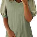 SHEWIN Women's Summer Tops V Neck Casual Puff Short Sleeve Textured T Shirts Blouses (X-Large, Fern Green)