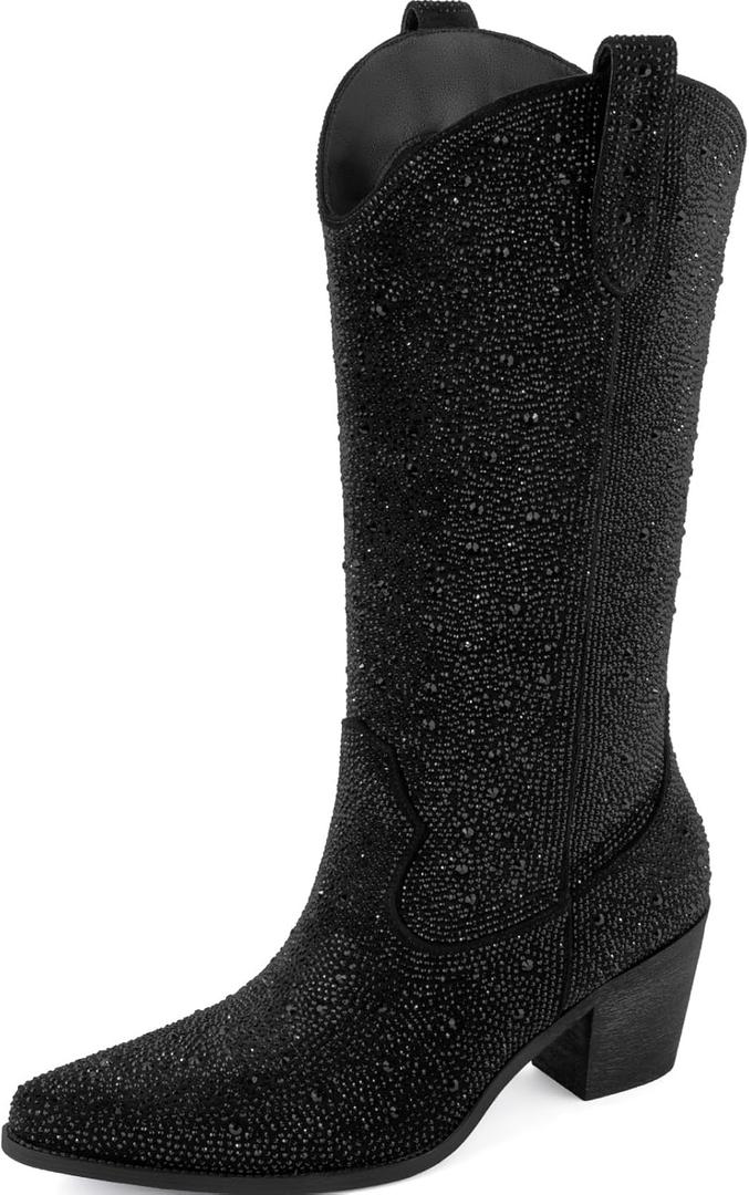 MISSMILLER Womens Rhinestone Cowboy Boots Mid Calf Pointed Toe Sparkly Block Heel Cowgirl Boots with Pull On Tabs (11, Sparkly Black Zipper)