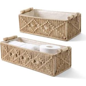 Mkono Macrame Storage Baskets Boho Decor Box Handmade Woven Decorative Countertop Toilet Tank Shelf Cabinet Organizer for Bedroom Livingroom Home, 2 Pack