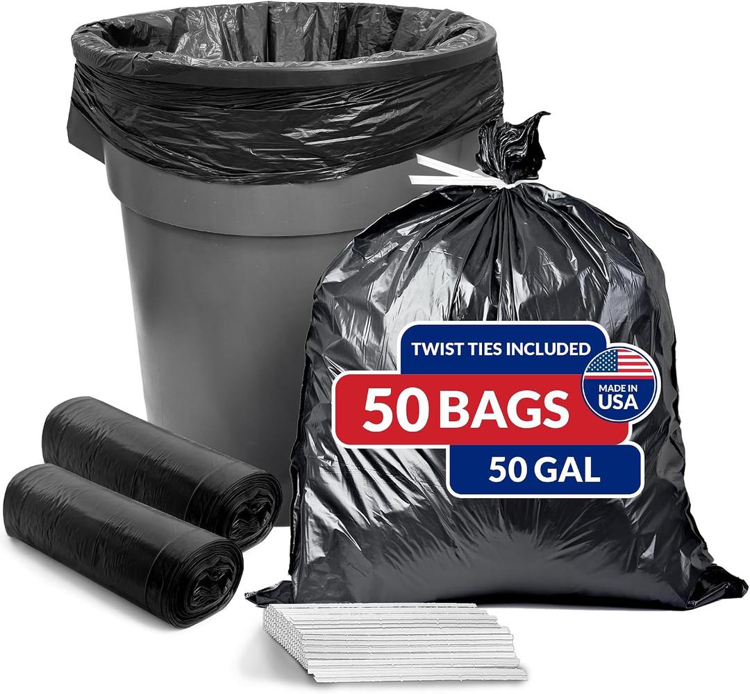 Reli. 50 Gallon Trash Bags (50 Count) | Black | Twist Ties Included | Extra Tough, Leak-Proof, Heavy Duty Garbage Bags | Ideal for Large Clean Ups