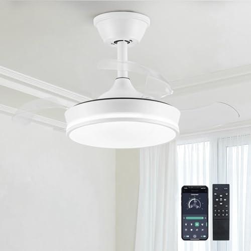 STERREN 30" Retractable Ceiling Fans with Lights, Dimmable LED Ceiling Fan Remote Control, Modern Small Fan Light for Bedroom Living Room Dinning Room Kitchen, 3000K-6500K, 6 Speed (White)