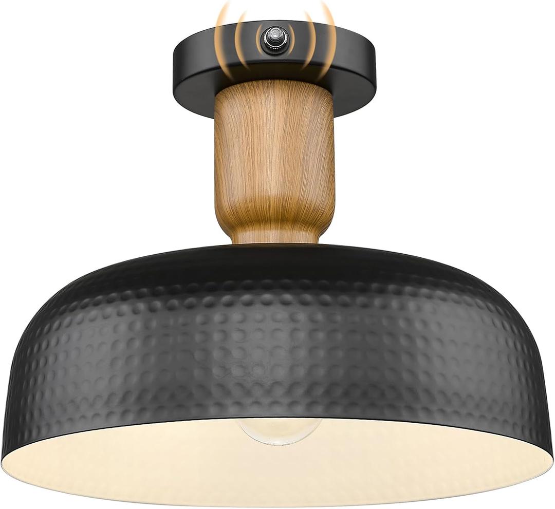 Darkaway Dusk to Dawn Industrial Semi Ceiling Light Fixtures, Flush Mount Indoor Outdoor Ceiling Light with Black Hammered Metal Shade Outdoor Porch Foyer Entryway