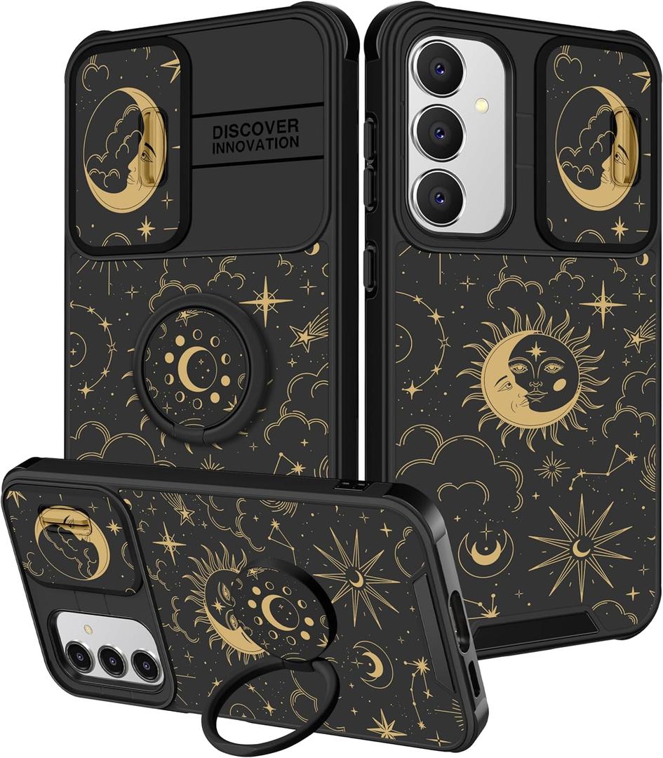 for Samsung Galaxy Phone Case - Women Girls Cute Phone Cover Girly Pretty Aesthetic Stars Sun Moon Unique Design with Camera Cover Ring Stand Funda