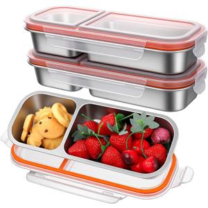 3 Pack Stainless Steel Snack Containers with Lids, Reusable 2 Compartments Snack Bento Box for Adults, Leak Proof Divided Snack Food Storage Containers for Home, Work, Travel, Grab and Go