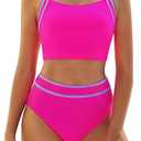 BMJL Women's High Waisted Bikini Sets Two Piece Swimsuits Sporty Tummy Control Bathing Suit Color Block Swim Suit (Hot Pink, Medium)