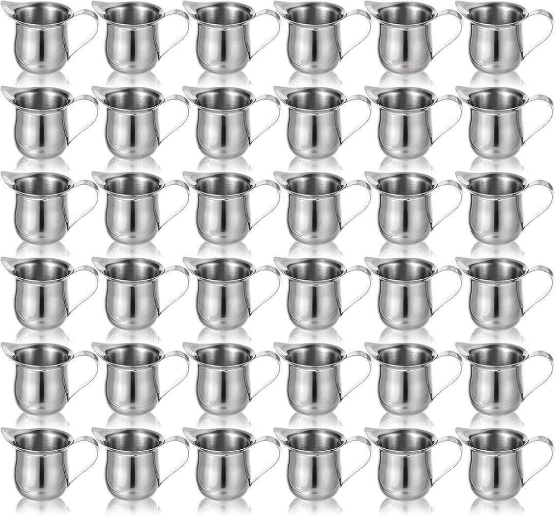 Molain 36 Pcs Stainless Steel Bell Creamers, 3 oz Mini Creamer Pitcher with Handle and Pouring Spout Cup Container for Serving Milk Coffee Salad Dressing Maple Syrup Espresso Machine Restaurant Cafes